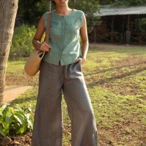 Women's Cotton Solid V Neck Sleeveless 2 Piece Outfit Loose Tank Top and Wide Leg Palazzo Pants Sets cord set ( Pista Green )