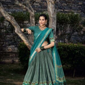 Sea Green Tussar Silk Lehenga Choli with Sea Green Blouse | Floral & Foil Print | Wedding & Festive Wear