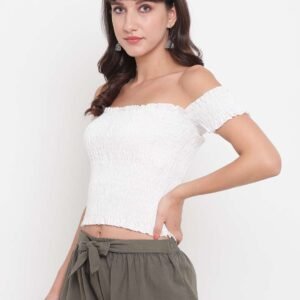 Women's Rayon Solid Off-Shoulder Smocked Crop Top Short Sleeve Casual Styles Tank Top (FREE SIZE) Multi30